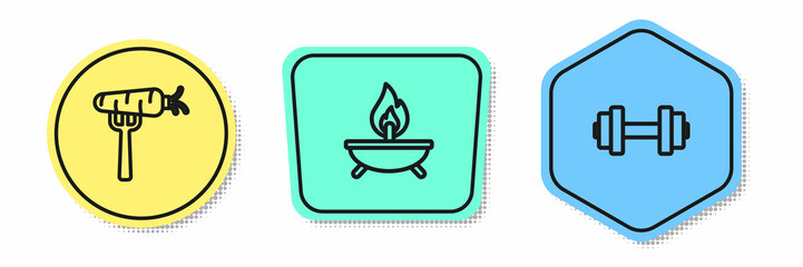 Set line Carrot on fork, Aroma candle and Dumbbell. Colored shapes. Vector