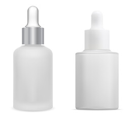 White dropper bottle, vector mockup. Isolated serum essence vial, drop package blank. Facial moisturizer eyedropper jar, natural aroma oil treatment front template. Treatment pipet flask
