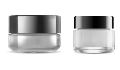 Glass cosmetic cream jar. Face beauty cream bottle mockup with cap. Facial makeup powder round packaging with lid. Realistic scrub product design, skin gel or scrub, facial care