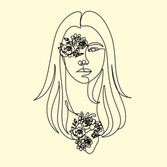 Woman face with flowers. Line art female hands with flowers. Abstract face with plants by one line drawing. Portrait minimalistic style. Botanical print. Nature symbol of cosmetics.