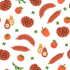 Sausages pattern, bbq grilled sausages seamless pattern Barbeque food background, sauce, ketchup, mustard, tomatoes, pepper, herb. Hand draw cartoon sausages. Cute snack vector illustration.