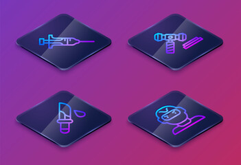 Set Isometric line Syringe, Bloody knife, Judge gavel and Thief mask. Blue square button. Vector