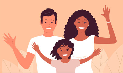 Happy family couple with a child. Father, african american mother and little daughter. Welcome gesture. Flat vector illustration people