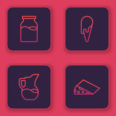 Set line Bottle with milk, Milk jug or pitcher, Ice cream in waffle cone and Cheese. Blue square button. Vector