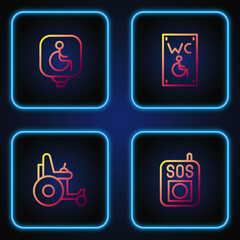 Set line Press the SOS button, Electric wheelchair, Disabled and Separated toilet for disabled. Gradient color icons. Vector