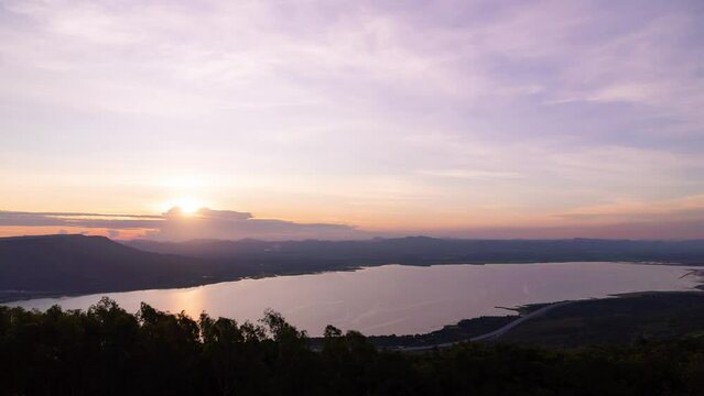 Time-lapse video Beautiful in nature landscape sunset over mountain and lake Nature and travel in Thailand  