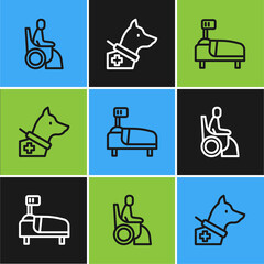 Set line Woman in wheelchair, Hospital bed and Guide dog icon. Vector