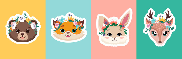 Cute animals with flower crowns poster set for baby shower invitations, template, birthday greeting cards, nursery flyers design. Vector cartoon illustration for children