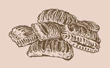 Vector  vintage puff pastry buns, fast food element from bakery , sepia background