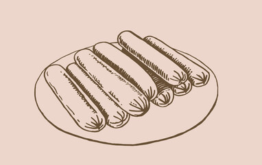 Vector vintage  sausages on the plate isolated on sepia background, fast food	
