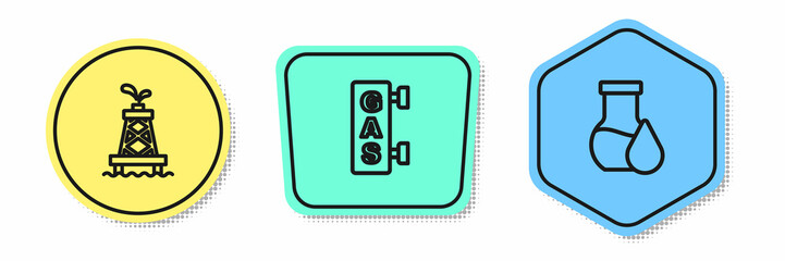 Set line Oil rig, Gas filling station and petrol test tube. Colored shapes. Vector