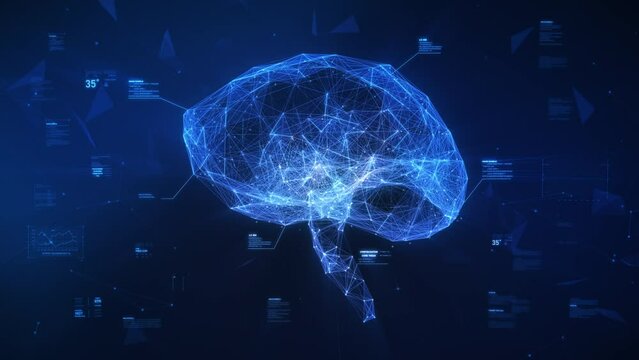 Futuristic 3D Animation of Artificial Intelligence Digital Brain with Data. Technology Animation of Connected Shinning Brain, AI Deep Learning Computer Machine. 