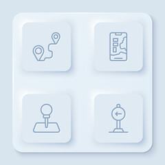 Set line Route location, City map navigation, Push pin and Traffic sign turn left. White square button. Vector