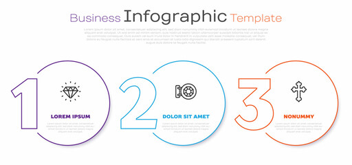 Set line Diamond, Jewelry store and Christian cross. Business infographic template. Vector