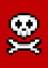A skull with two crossed bones (pirates' flag) drawn in pixel art style. Vertical orientation.
