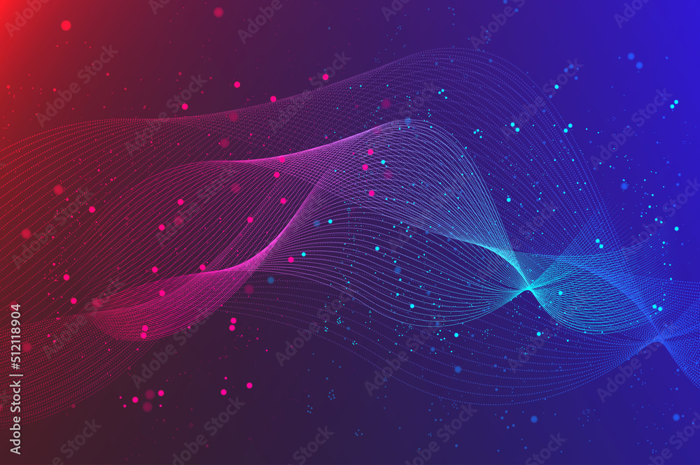 Fototapete Abstract wave background with glowing particles. Wallpaper with flowing fractal lines with dots. Banner design with liquid flow of stripes with dust splash and glittering effect. Illustration.