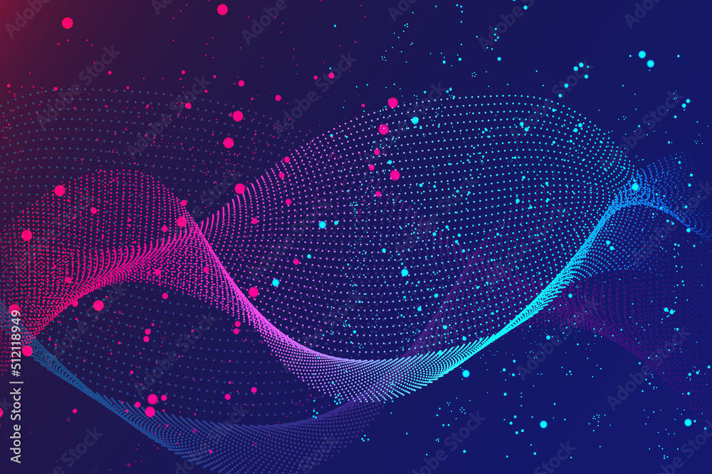 Fototapete Abstract wave background with glowing particles. Wallpaper with flowing fractal lines with dots splash in blue and pink colors and glittering effect. Bright dynamic banner design. Illustration.