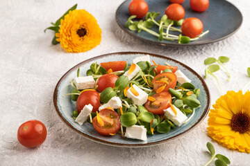 Vegetarian salad of tomatoes, marigold, microgreen, feta cheese on gray. Side view.