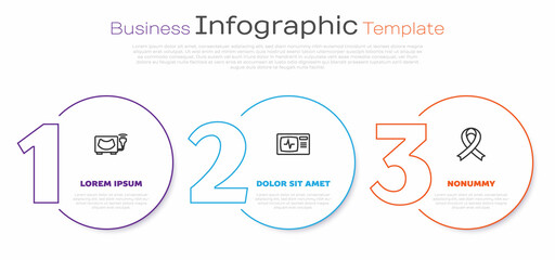 Set line Ultrasound, Monitor with cardiogram and Awareness ribbon. Business infographic template. Vector