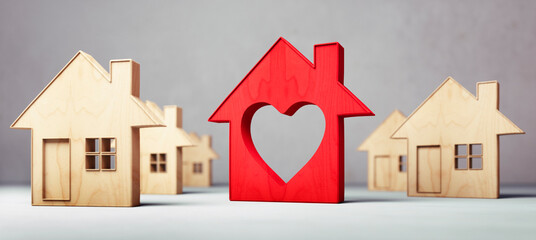 Red toy house with heart shaped cutout in a group of wooden houses - 3D illustration