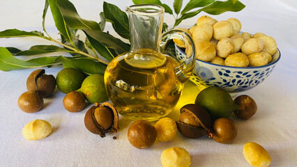 Macadamia Nut Oil. Macadamia Nuts.  - obrazy, fototapety, plakaty