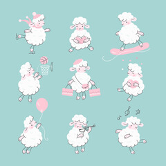 Cute cartoon sheep. Lamb set, fun happy white wool sheeps. Funny farm animals. Adorable nowaday baby characters read, skate, dance, vector kit