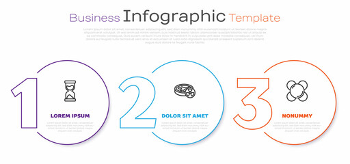 Set line Old hourglass, Test tube with toxic liquid and Molecule. Business infographic template. Vector