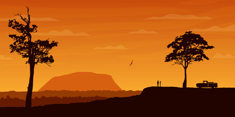 Fototapeta na wymiar Two people enjoy sunset and view of Mount Uluru in Australia. Wide realistic vector illustration of skyline silhouette mountain landscape