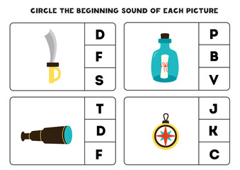 Worksheet for kids. Find the beginning sound of pirate elements.