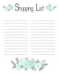 Empty printable shopping list with floral decor vector illustration, things to buy reminder, fill in template to organize any life event