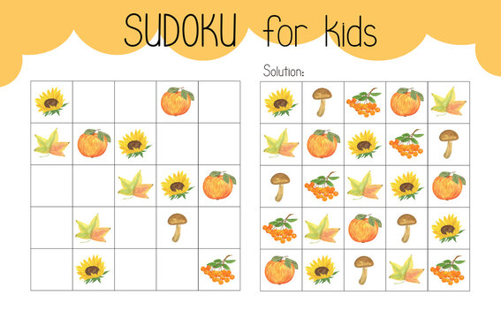 Sudoku educational game or leisure activity worksheet watercolor illustration, printable grid to fill in missing images, autumn topical vocabulary, puzzle with its solution, teachers resources