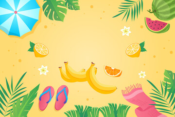 Happy summer background in flat cartoon design. Wallpaper with sandy summertime beach, palm leaves, umbrella, juicy fruits, flowers, towel, slippers. Illustration for poster or banner template