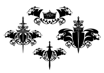 lion and lioness heads with heraldic shield, king crown, rose flowers and knight sword - medieval style fairy tale royal coat of arms black and white vector design set