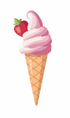 Ice cream strawberry vector. Vanila dessert summer illustration. Frozen snack. Waffle ice cream.  Isolated bachgraund 	