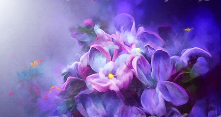 Fototapeta na wymiar Lilac Flower Background. Digital Art Painting. Oil Paint Effect