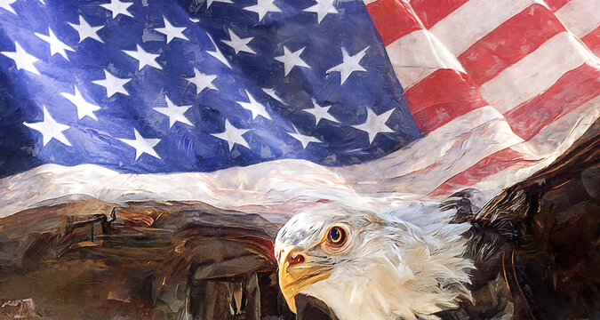 Eagle With American Flag Flies In Freedom. Digital Art Painting. Oil Paint Effect