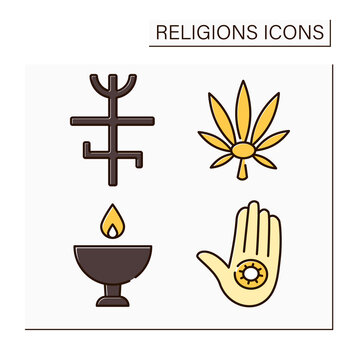 Religious color icons set. Jainism, unitarianism, Rastafari, candomble faiths. Philosophical concept. Isolated vector illustrations