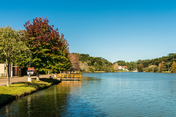 Fototapeta premium A view of Sao Bernardo Lake on a late Autumn day - popular tourist destination in Sao Francisco de Paula, Brazil