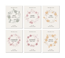 Vector set of labels for aroma candles with fruits wreath. Sticker backgrounds for packaging.