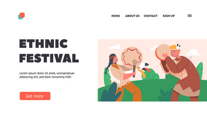 Ethnic Festival Landing Page Template. Little Boy and Girl Playing Drums, Kids Native Americans Wearing Ethnic Costumes