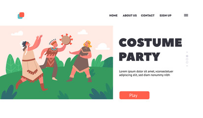 Costume Party Landing Page Template. Kids Playing American Indians at Summer Field. Cute Boy or Girls Characters Fun
