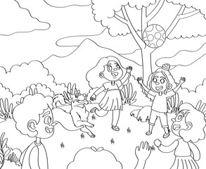 Coloring book children playing throwing ball in the forest