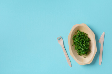 Eco friendly wooden recyclable tableware with microgreens top view. Zero waste package and plastic...