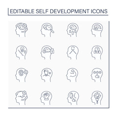 Self-development line icons set. Discover potential. Improving skills and knowledge. Achieving goals. Improving concept. Isolated vector illustrations. Editable stroke