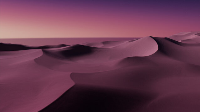 Sunrise Landscape, With Desert Sand Dunes. Surreal Modern Background With Pink Gradient Sky