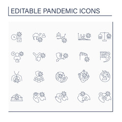 Pandemic line icons set. Worldwide covid19 spread. Global problem. Disease concept. Isolated vector illustrations. Editable stroke