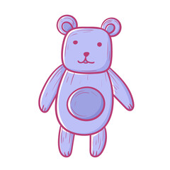 Purple teddy bear baby toy, isolated doodle illustration.