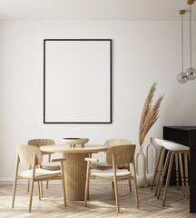 mock up poster frame in modern interior background, living room, dinning room,  Scandinavian style, 3D render, 3D illustration