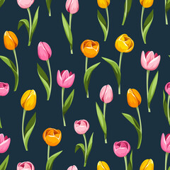 Fototapeta premium Pink, orange, and yellow tulip flowers on a dark blue background. Vector seamless floral pattern