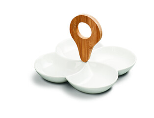 White ceramic snack plate with wooden handle, isolated on white